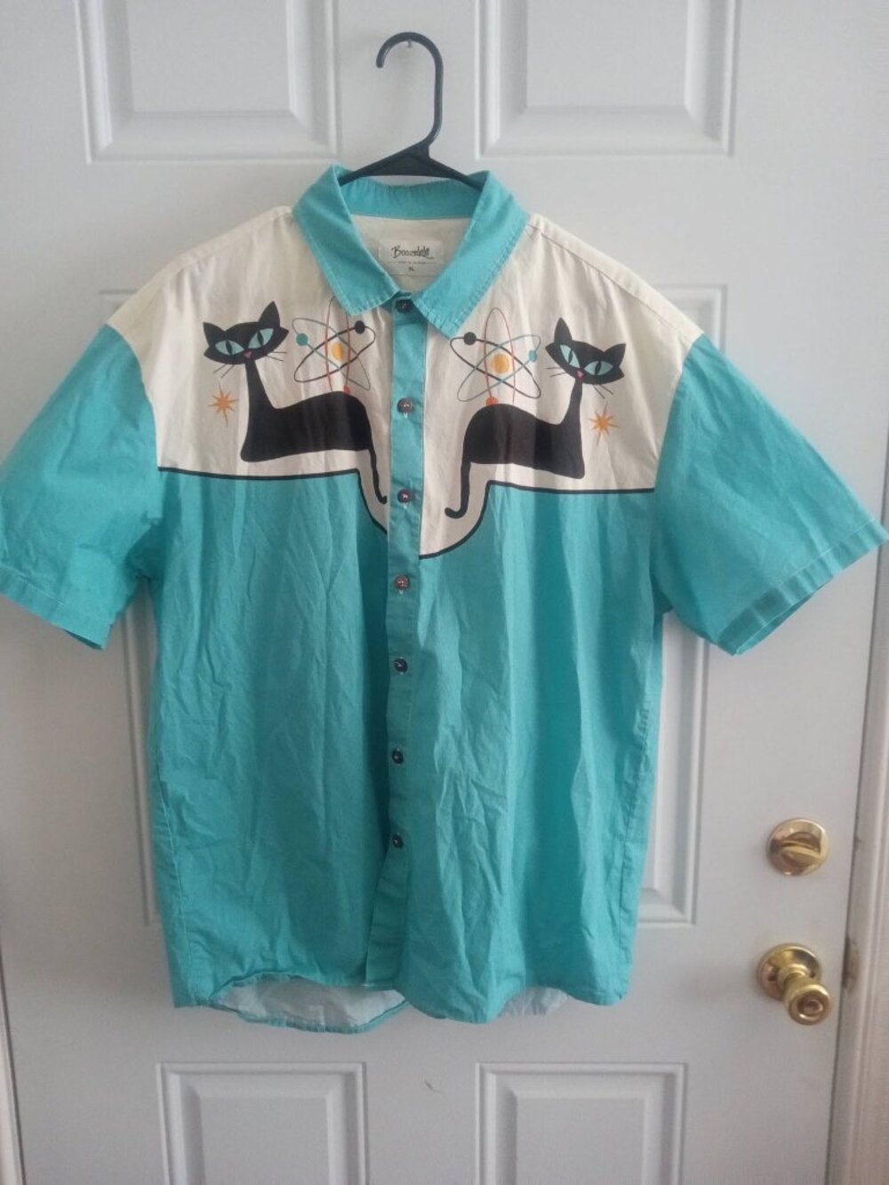 Men's Boozelele Turquoise CATS Rockabilly Style S/L Button up Size XL